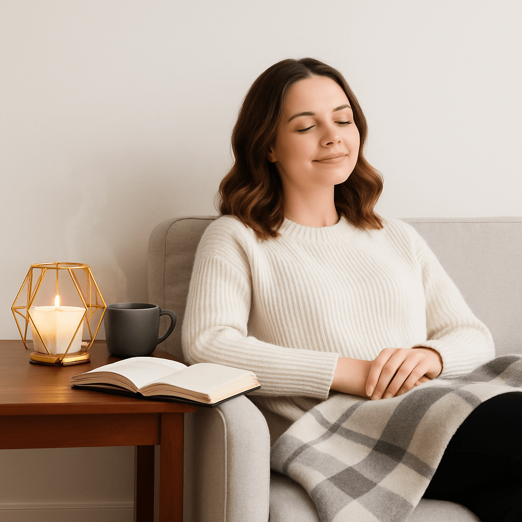 dame appaiser dans plaid devant bougeoir dore