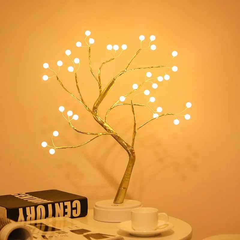 lampe de  chevet style Arbre Lumineux Perles Dorees